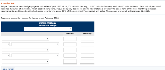Exercise 9-8 Fuqua Companys sales budget projects unit sales of part 198Z of 11,000 units in January, 12,600 units in Februa