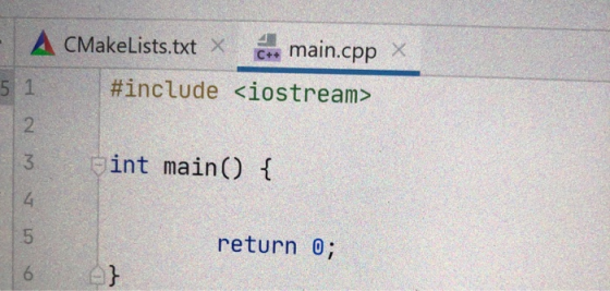 A CMakeLists.txt C++ main.cpp x 5 1 #include <iostream> 2 3 int main() { 4. 01 return 0; 6 }