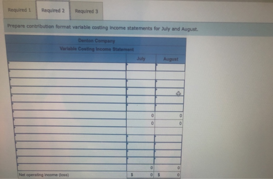 Required 1 Required 2 Required 3 Prepare contribution format variable costing Income statements for July and August Denton Co