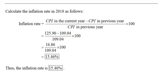 Calculate the inflation rate in 2018 as follows: CPI in the current year - CPI in previous year CPI in previous year Inflatio