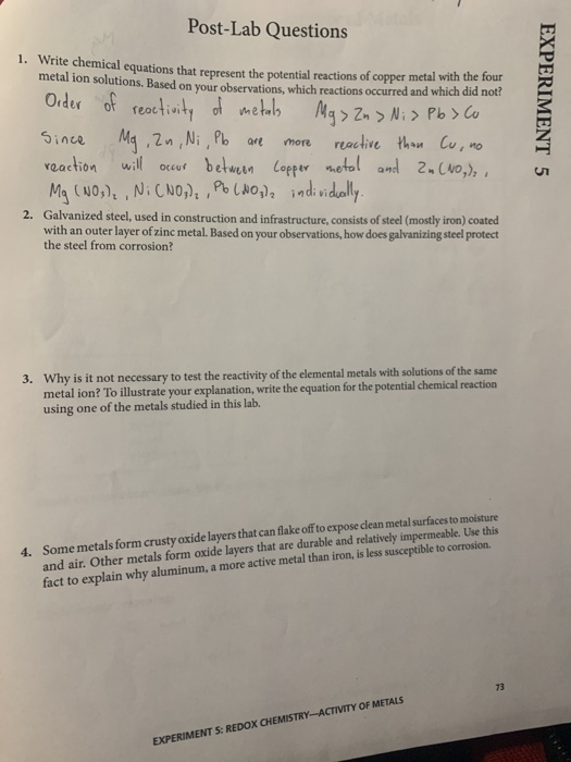 Post-Lab Questions 1. Write chemical equations that represent the potential reactions of copper metal with the four metal ion