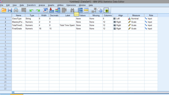 *Untitled2 [DataSet1] - IBM SPSS Statistics Data Editor File Edit View Dta Iransform Analyze Graphs Utilities Extensions Window Help Align Left Right Right Right Measure Nominal 、1 Scale Scale Scale Role Input Input Input Input Label Values Missi Columns Name Width Decimals ClassType String 12 12 12 2 MasteryPoi.. Numeric 2 Total Time Spent None TotalTimeS Numeric FinalGrade Numeric 18 15 10 12 13 14 15 16 17 18 19 20 21