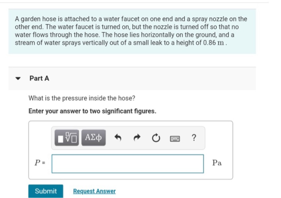 A garden hose is attached to a water faucet on one end and a spray nozzle on the other end. The water faucet is turned on, bu