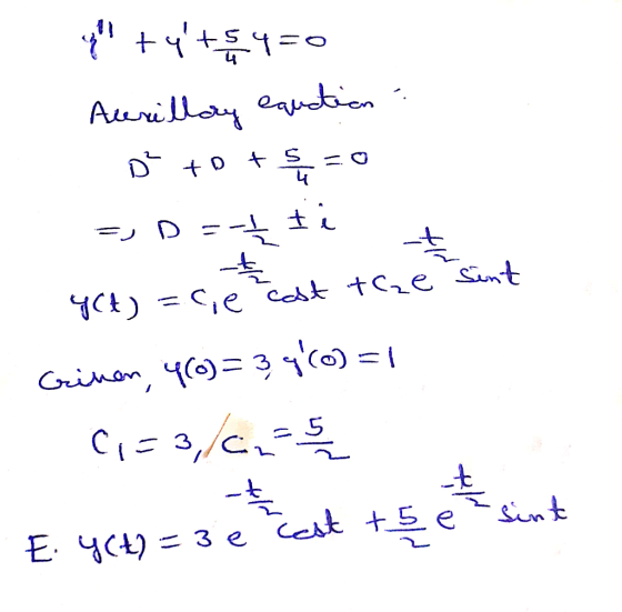 y! +4+s4=0 Acerillary equation * tots=0 -, D =-4 ti YCA) = ce cast the sint Grinon, 4(0)= 3, 960)=1 Ci= cins E. 44) = sest t