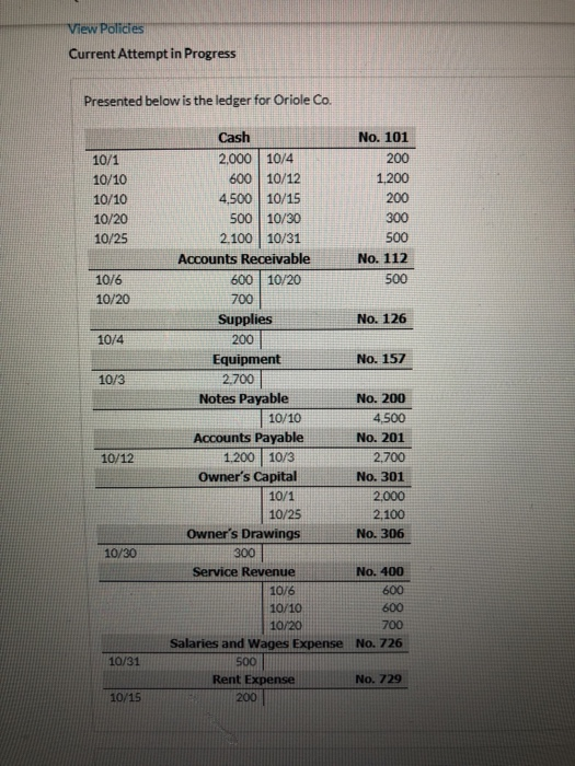 View Policies Current Attempt in Progress Presented below is the ledger for Oriole Co. 10/1 10/10 10/10 10/20 10/25 1076 10/2
