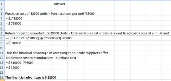 Answer 3 Purchase cost of 38000 Units = Purchase cost per unit*38000 4 = 21*38000 5 = $ 798000 7 Relevant cost to manufacture