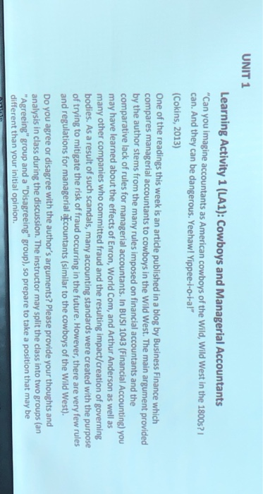 UNIT 1 Learning Activity 1 (LA1): Cowboys and Managerial Accountants Can you imagine accountants as American cowboys of the