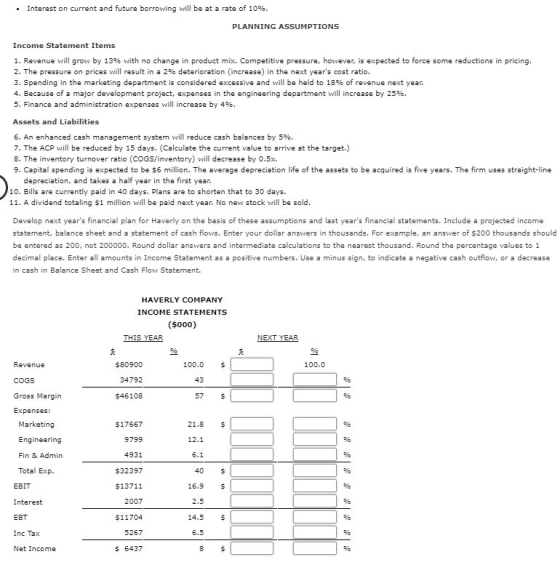 • Interest on current and future borrowing will be at a rate of 10%. PLANNING ASSUMPTIONS Income Statement Items 1. Revenue w