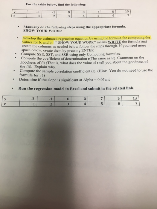 For the table below, find the following: 0 0 13 Manually do the following steps using the appropriate formula SHOW YOUR WORK