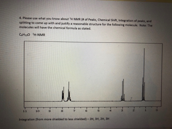 4. Please use what you know about H NMR (# of Peaks, Chemical Shift, Integration of peaks, and splitting to come up with and