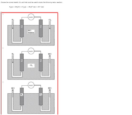 Choose the correct sketch of a cell that could be used to study the following redox reaction: H2(9) + 2H2011) + Cl2(g) + 2H30