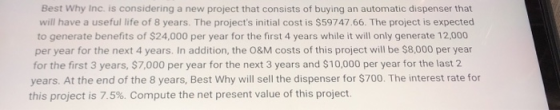 Best Why Inc. is considering a new project that consists of buying an automatic dispenser that fe of 8 years. The projects i