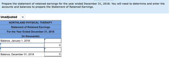 Prepare the statement of retained earnings for the year ended December 31, 2018. You will need to determine and enter the acc