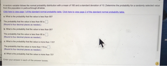 A random variable follows the normal probability distribution with a mean of 100 and a standard deviation of 10. Determine th