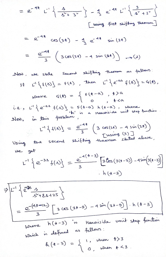 11 e- -96 Cs-}-<* { 3 s +3² [using first shifting theorem e at cos (34) 4 é At sin (34) 3 cos (3+) . 4 sim (3+) (34)) -(2) -