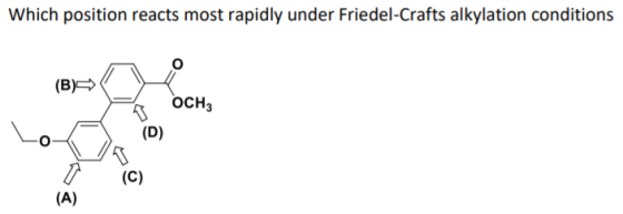 Which position reacts most rapidly under Friedel-Crafts alkylation conditions (B)-> OCH3 (D) (C) (A)
