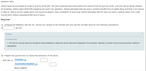 Depletion Rate Oxford Quarries purchased 45 acres of land for $225,000. The land contained stone that Oxford will remove from