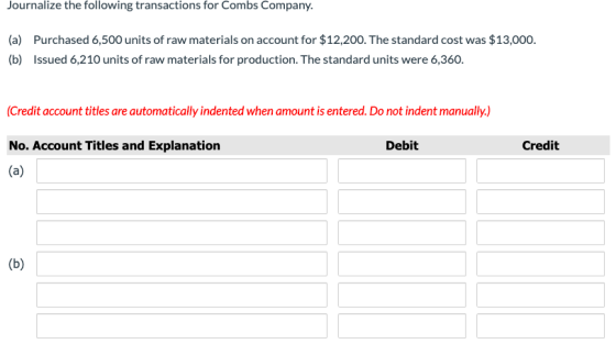 Journalize the following transactions for Combs Company. (a) Purchased 6,500 units of raw materials on account for $12,200. T