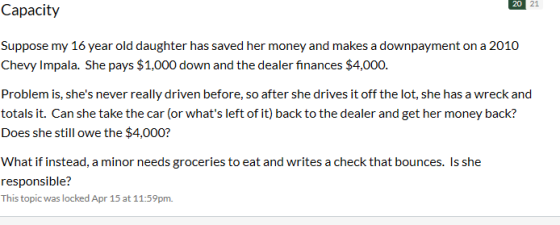 20 21 Capacity Suppose my 16 year old daughter has saved her money and makes a downpayment on a 2010 Chevy Impala. She pays $