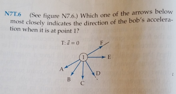 N7T.6 (See figure N7.6.) (See figure N7.6.) Which one of the arrows below nost closely indicates the direction of the bobs a