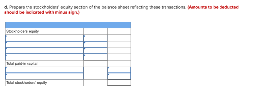 d. Prepare the stockholders equity section of the balance sheet reflecting these transactions. (Amounts to be deducted shoul
