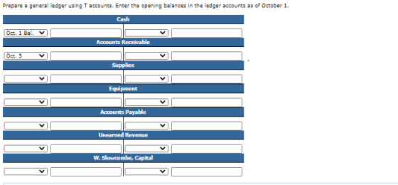 Prepare a general ledger using T accounts. Enter the opening balances in the ledger accounts as of October 1. Cash Oct. 1 Bal