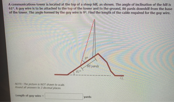 A communications tower is located at the top of a steep hill, as shown. The angle of inclination of the hill is 61º. A guy wi