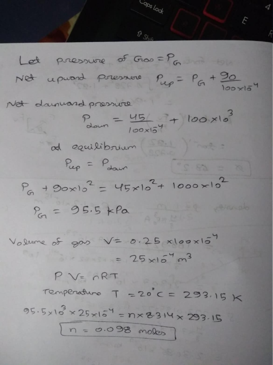Caps Lock ↑ Shift Let Net pressure of Gos =PG not to upward pressure Pue=PG+90 Toox14 Net + 1ooxlos dounward pressure.. P = 4