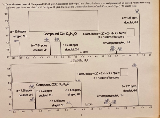 V. Draw the structures of Compound 23A (6 pts), Compound 23B (6 pts) and clearly indicate your assignments of all proton reso