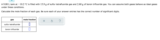 A 9.00 L tank at -10.2 °C is filled with 15.9 g of sulfur tetrafluoride gas and 2.60 g of boron trifluoride gas. You can assu