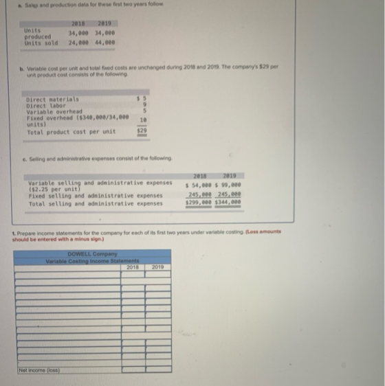 Sales and production data for these first Iwo years follow Units produced Units sold 2018 2019 34,000 34,000 24,000 44,000 b.
