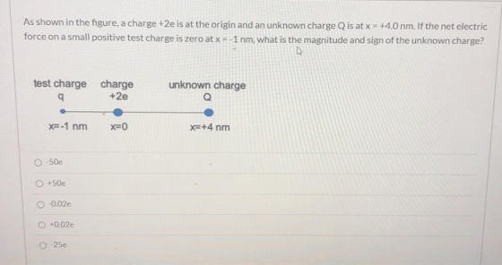 As shown in the figure, a charge +2e is at the origin and an unknown charge Q is at x = +4.0 nm. If the net electric force on