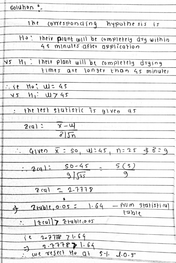 1ht (omesponaing hypothe sisi iv plunt be Cmplerelj dy within 4S minutes afltv application NS Hi : İhtir plant will bt completelg drying : the test statistic ir d5 S 52 2ca 2.1138 we-Tesect--to-ta s+ d.o.se