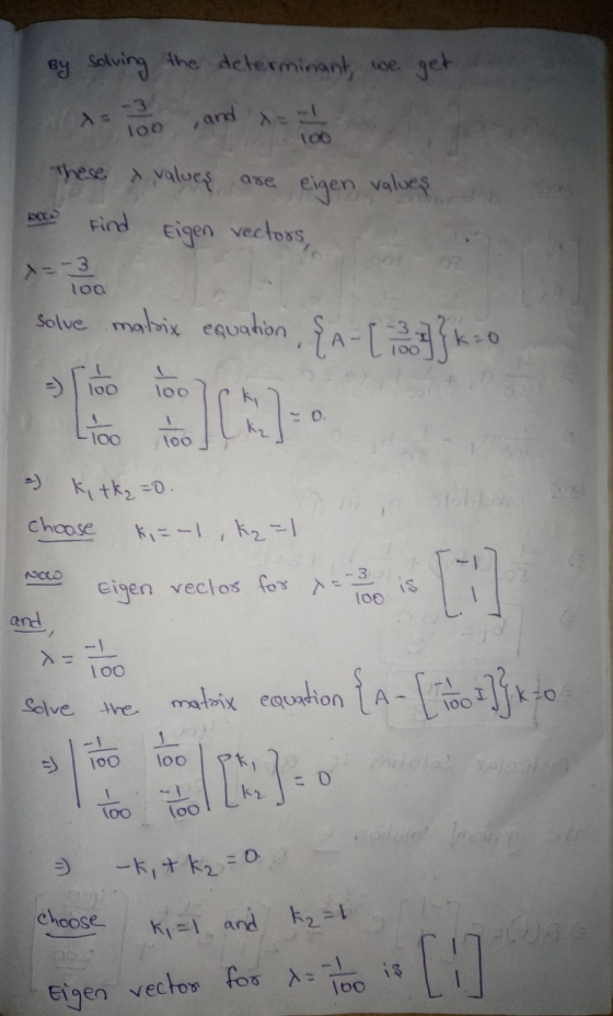 By solving the determinant, we get , and x 1 Too These & values are eigen values Find Eigen vectors, POS x = -3 log solve mat