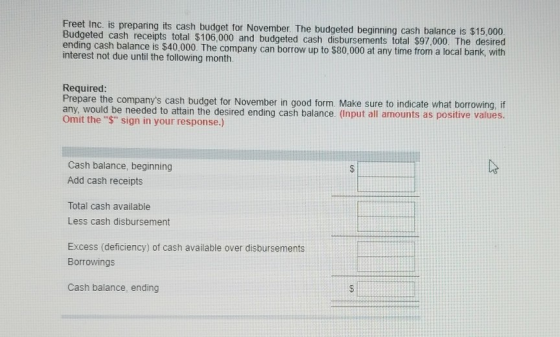 Freet Inc. is preparing its cash budget for November. The budgeted beginning cash balance is $15,000. Budgeted cash receipts