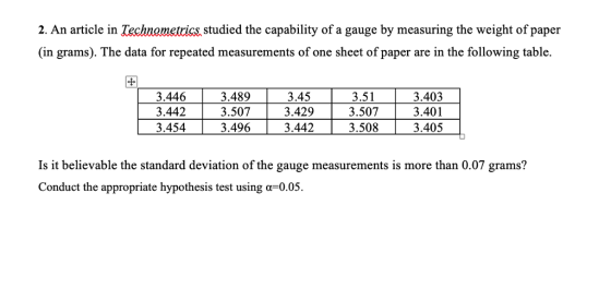 2. An article in Technametrics,studied the capability of a gauge by measuring the weight of paper (in grams). The data for repeated measurements of one sheet of paper are in the following table. 3446 3.489 3.45 3.442 3.51 3.507 3.403 3.429 3.454 3.4963.4423.5083.405 3.507 3.401 Is it believable the standard deviation of the gauge measurements is more than 0.07 grams? Conduct the appropriate hypothesis test using a 0.05.
