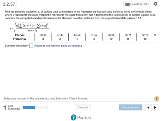 3.2.37 Question Help Find the standard deviation, s, of sample data summarized in the frequency distribution table below by u