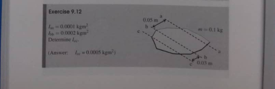 Exercise 9.12 0.05 m m=0.1 kg = 0,0001 kem los = 0.0002 kgm Determine loc (Answer: Pee = 0.0005 kgmº) b 0.03 m