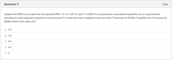 Question 7 1 pts Suppose the PAE curve is given by the equation PAE = A + G + b(Y-T), were Y is GDP, A is autonomous consumpt