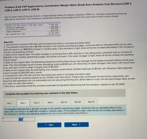 Problem 6-22 CVP Applications; Contribution Margin Ratio; Break-Even Analysis; Cost Structure (LO6-1. LO6-3, LO6-4, LO6-5, LO