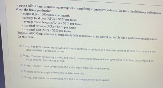 Suppose ABC Corp. is producing newsprint in a perfectly competitive industry. We have the following information about the fir