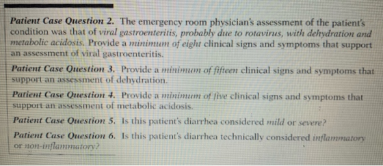 Patient Case Question 2. The emergency room physicians assessment of the patients condition was that of viral gastroenterit