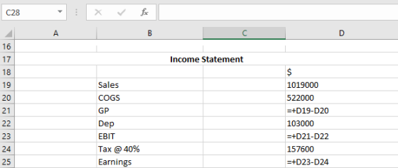 C28 А В Income Statement Sales COGS GP Dep 1019000 522000 =+D19-D20 103000 =+D21-D22 157600 =+D23-D24 EBIT Tax @ 40% Earnings