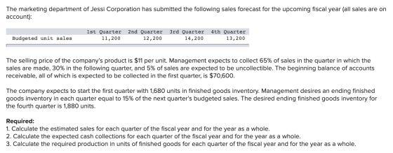 The marketing department of Jessi Corporation has submitted the following sales forecast for the upcoming fiscal year (all sa