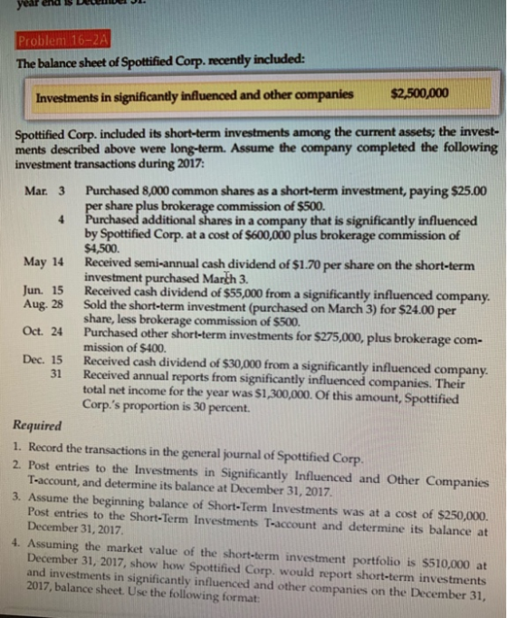 year end S DILI Problem 16-2A The balance sheet of Spottified Corp. recently included: Investments in significantly influence