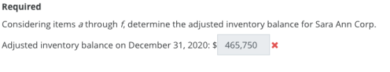 Required Considering items a through f, determine the adjusted inventory balance for Sara Ann Corp. Adjusted inventory balanc