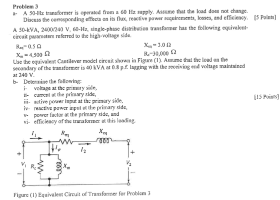 Problem 3 A 50-Hz transformer is operated from a 60 Hz supply. Assume that the load does not change. Discuss the correspondin