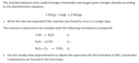 The reaction between nitric oxide (nitrogen monoxide) and oxygen gives nitrogen dioxide according to the stoichiometric equat