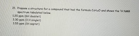 21. Propose a structure for a compound that had the formula C H100 and shows the H NMR spectrum tabulated below. 1.20 ppm (6