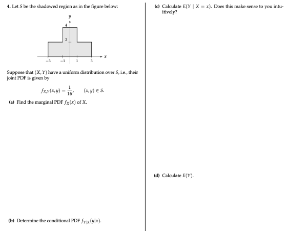 4. Let S be the shadowed region as in the figure below: (c) Calculate E(Y | X = x). Does this make sense to you intu- itively